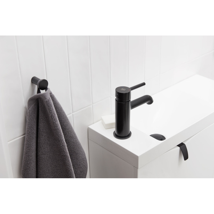 KFA Armatura 5032-815-81 - Pipa za umivalnik + odtok s prelivom MOZA 15,2 cm mat črna