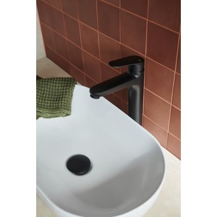 KFA Armatura 5552-712-81 - Pipa za umivalnik + odtok s prelivom OTAVA 30,2 cm mat črna