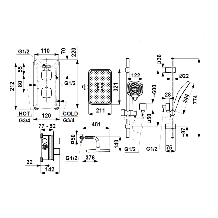 KFA Armatura 5759-301-00 - Komplet za prho s termostatsko podometno armaturo MALAGA, sijajni krom
