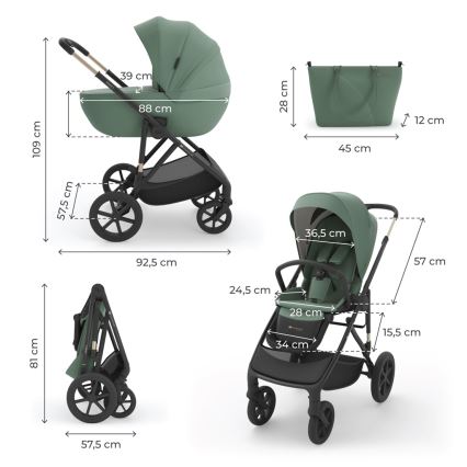 KINDERKRAFT - Kombiniran otroški voziček 3 v 1 PRIME 3 temno zelene barve