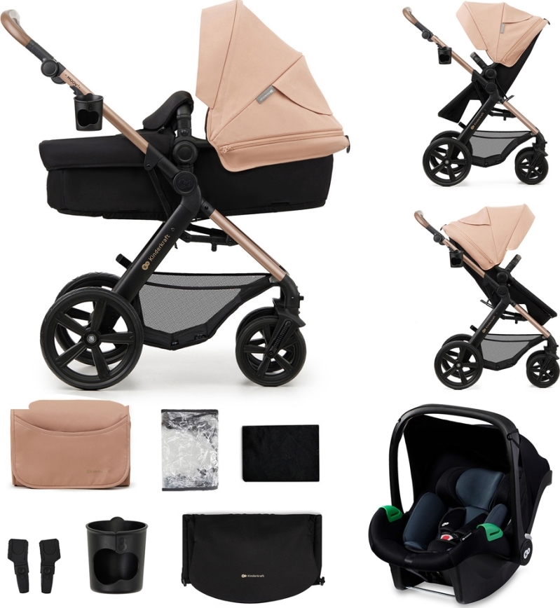 KINDERKRAFT - Kombinirani voziček 3v1 MOOV 2 Sand bež + avto sedež MINK PRO