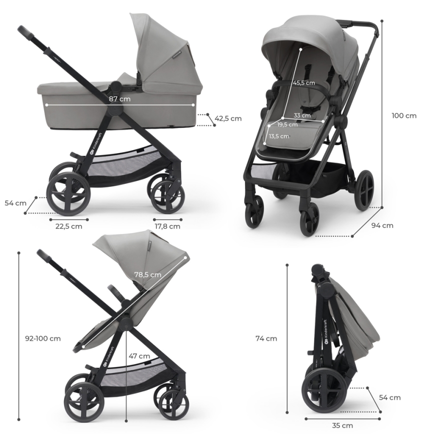 KINDERKRAFT - Kombinirani voziček 4v1 NEWLY Klasik siva + avtosedež MINK PRO z base ISOFIX
