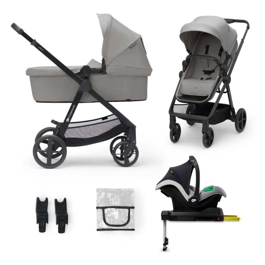 KINDERKRAFT - Kombinirani voziček 4v1 NEWLY Klasik siva + avtosedež MINK PRO z base ISOFIX