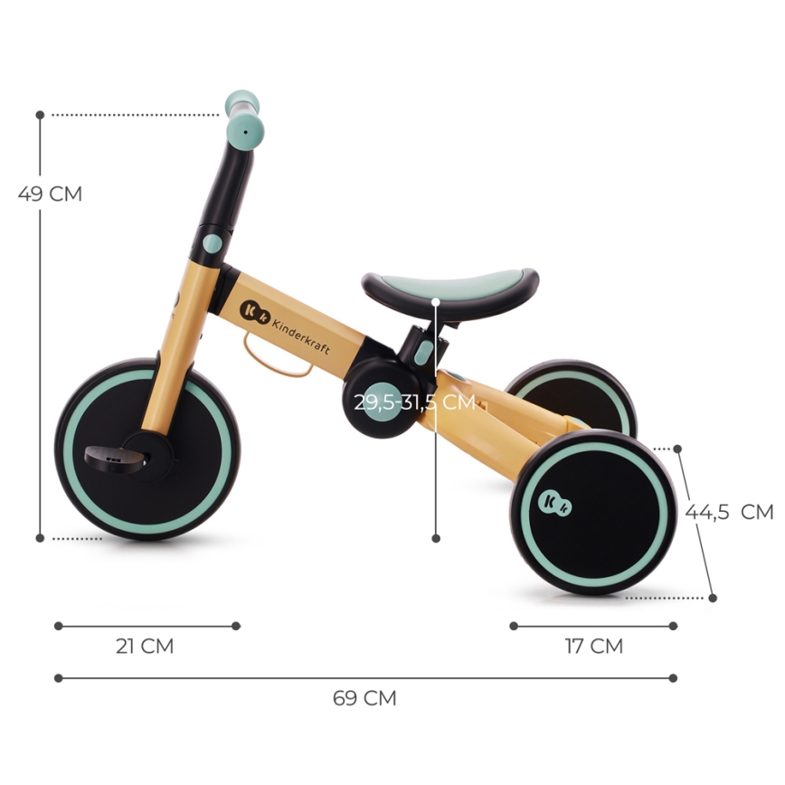 KINDERKRAFT - Otroško potisno kolo 3v1 4TRIKE rumena/mint