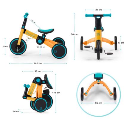 KINDERKRAFT - Otroško potisno kolo 3v1 4TRIKE rumena/turkizna