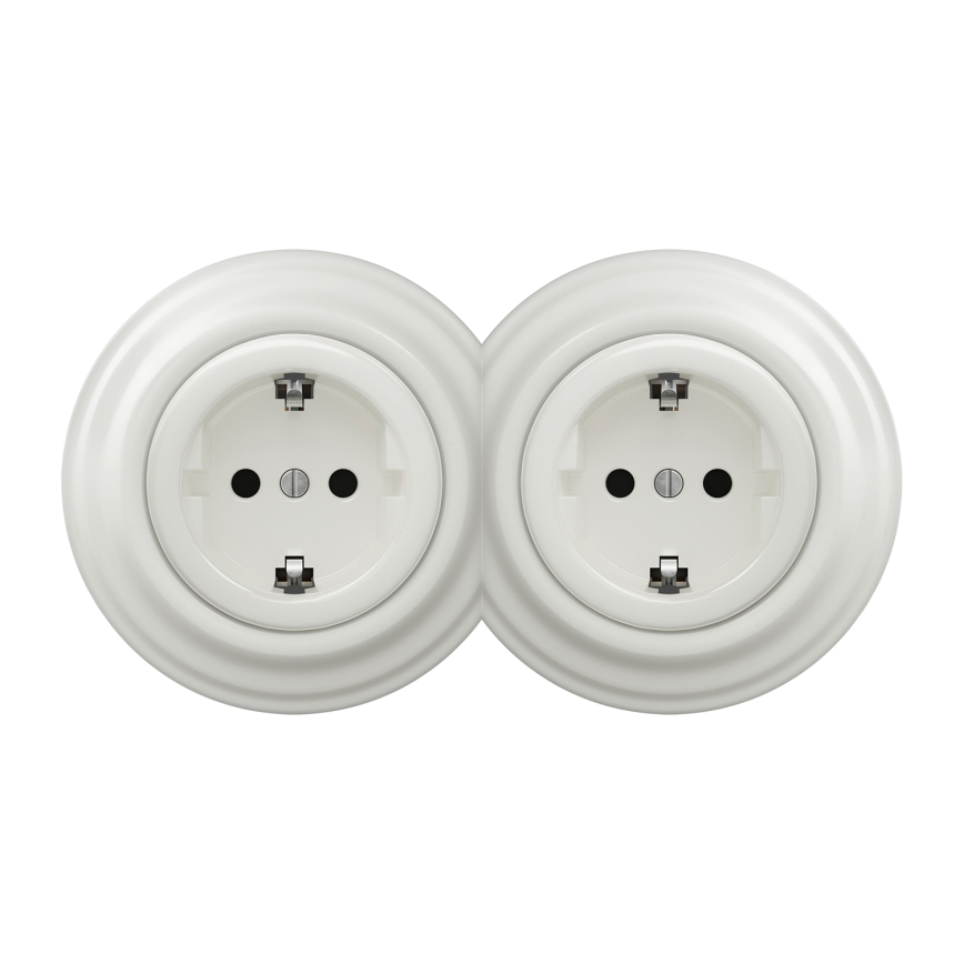 Kliklap - Dvojna retro hišna vtičnica z okvirjem SCHUKO 230V/16A bela