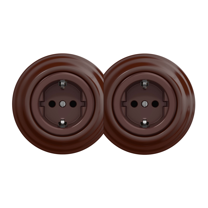 Kliklap - Dvojna retro stenska vtičnica s okvirjem SCHUKO 230 V, rjava