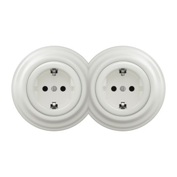 Kliklap - Dvojna retro stenska vtičnica s okvirjem, SCHUKO 230V/16A, bela