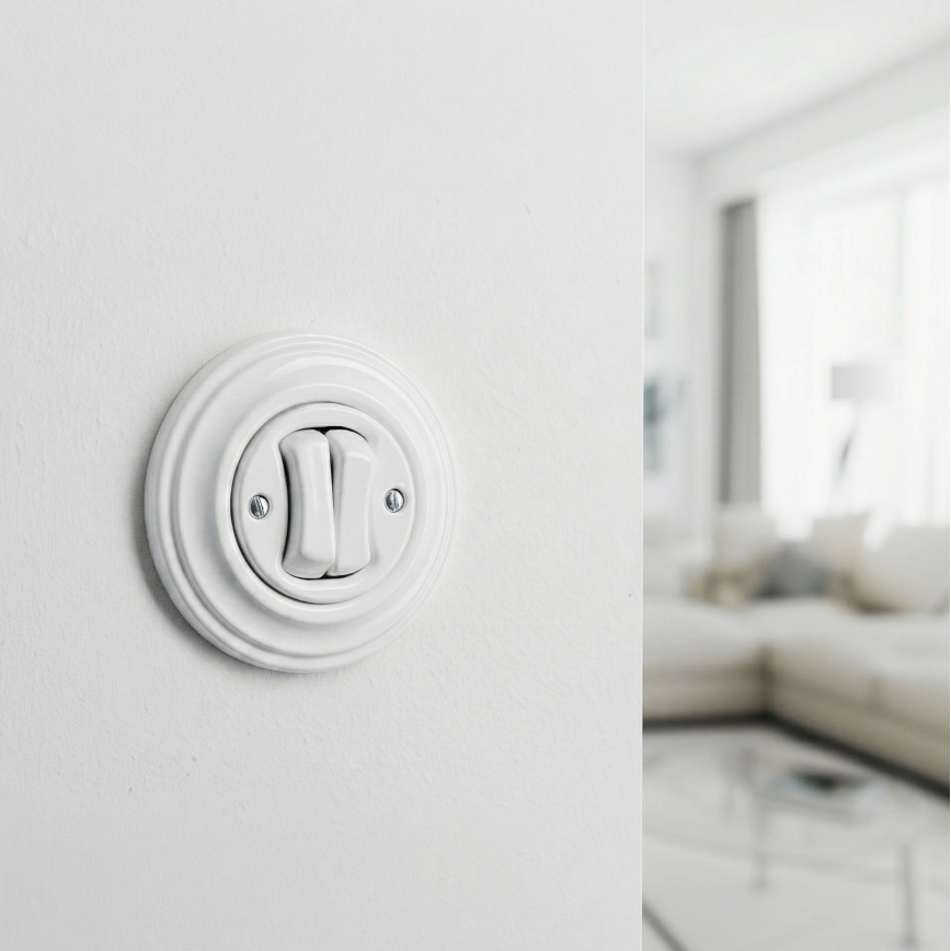 Kliklap - Retro dvojno stopniščno stikalo z okvirjem št. 6+6, v snežno beli barvi