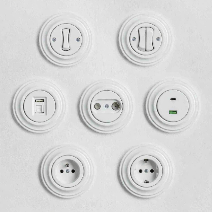 Kliklap - Retro dvojno stopniščno stikalo z okvirjem št. 6+6, v snežno beli barvi