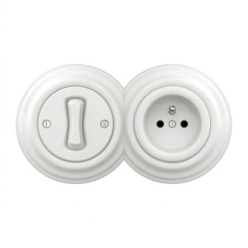 Kliklap - Retro enopolni stikalnik št. 1 in vtičnica 230 V z okvirjem, snežno bela