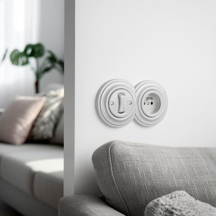 Kliklap - Retro enopolno stikalo št. 1 in vtičnica 230 V z okvirjem v keramično beli barvi