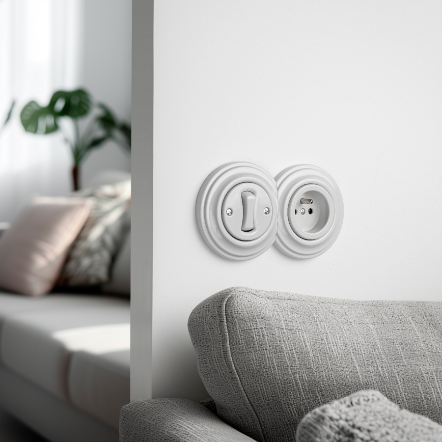 Kliklap - Retro enopolno stikalo št. 1 in vtičnica 230 V z okvirjem v keramično beli barvi