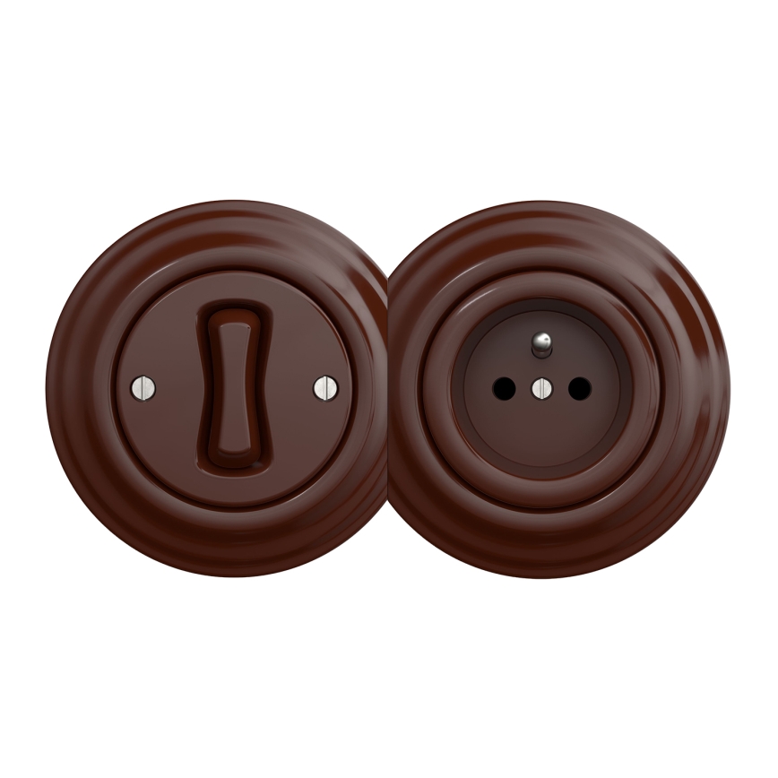 Kliklap - Retro enopolno stikalo št. 1 in vtičnica 230 V z okvirjem rjava