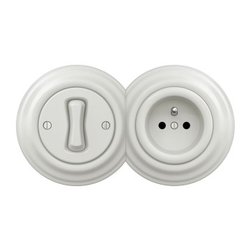 Kliklap - Retro enopolno stikalo št. 1 in vtičnica 230 V z okvirjem v keramično beli barvi