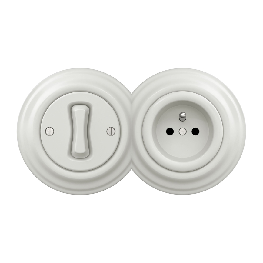 Kliklap - Retro enopolno stikalo št. 1 in vtičnica 230V z okvirjem, bela