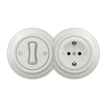 Kliklap - Retro enopolno stikalo št. 1 in vtičnica SCHUKO 230 V z okvirjem bela