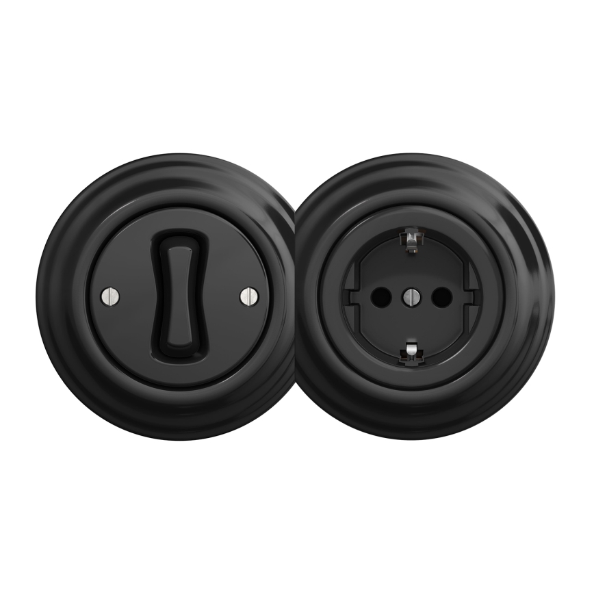 Kliklap - Retro enopolno stikalo št. 1 in vtičnica SCHUKO 230V z okvirjem črna