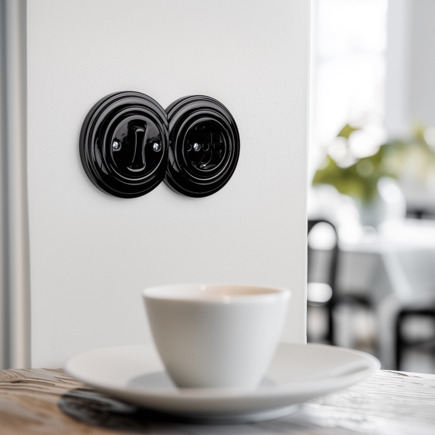 Kliklap - Retro enopolno stikalo št. 1 in vtičnica SCHUKO 230V z okvirjem črna