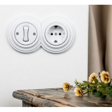 Kliklap - Retro enopolno stikalo št. 1 in vtičnica SCHUKO 230 V z okvirjem, snežno bela