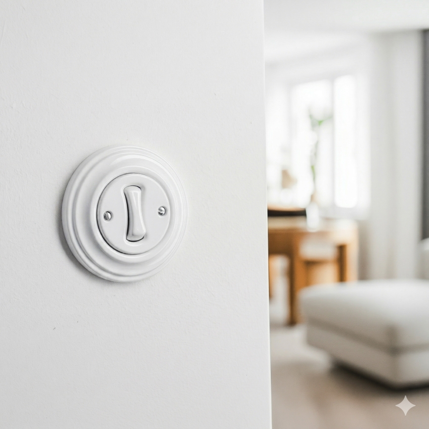 Kliklap - Retro enopolno stikalo z okvirjem št. 1 snežno belo