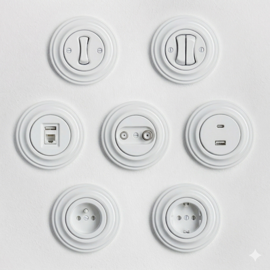 Kliklap - Retro enopolno stikalo z okvirjem št. 1 snežno belo