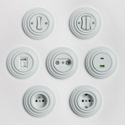 Kliklap - Retro gumb z okvirjem v keramični beli barvi