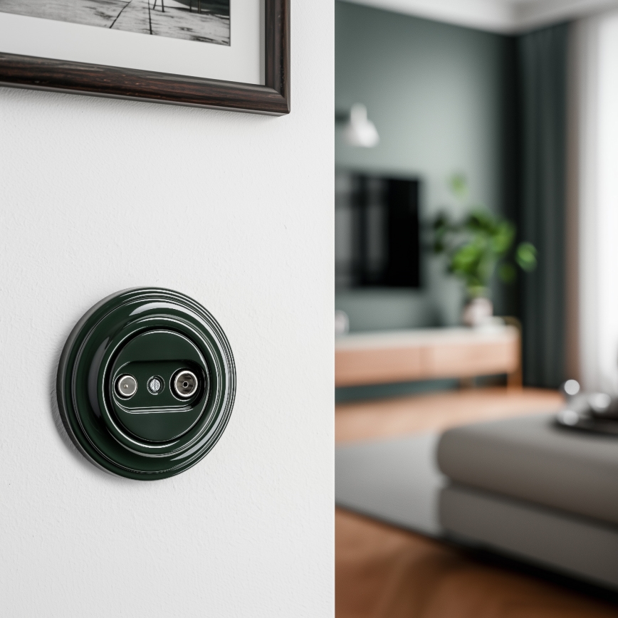 Kliklap - Retro stenska vtičnica TV+R (prehodna) z zelenim okvirjem