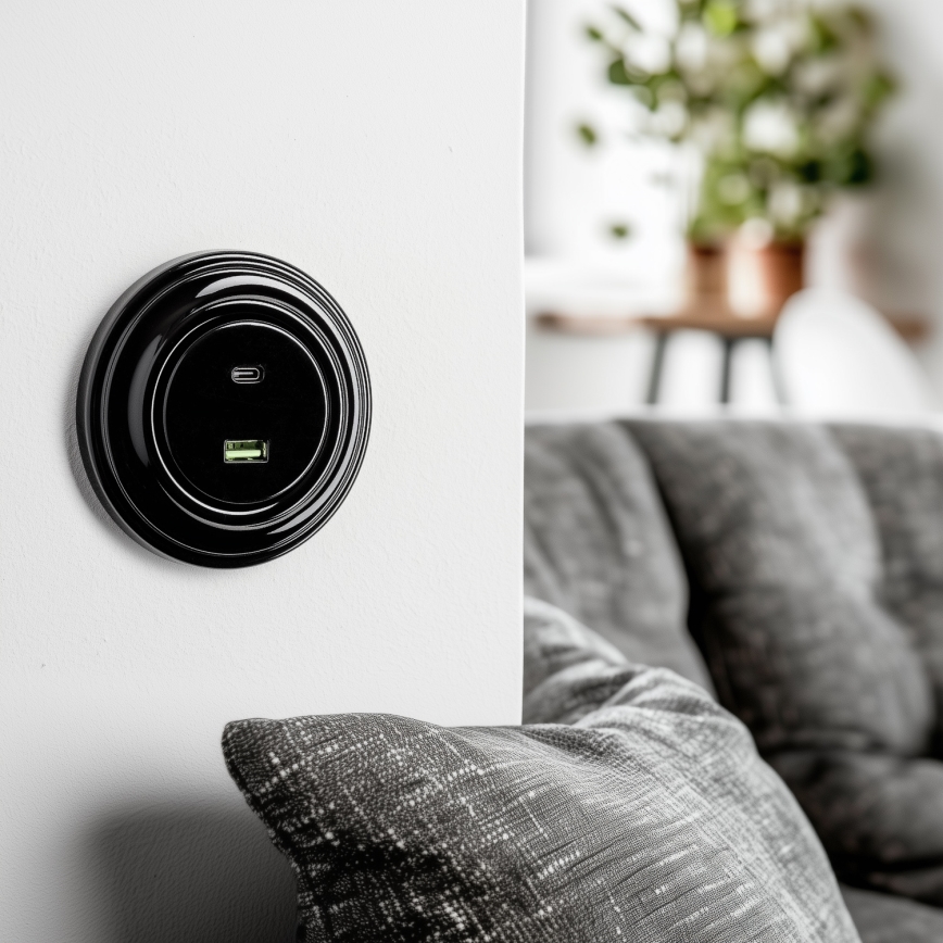 Kliklap - Retro USB vtičnica A+C z okvirjem, črna