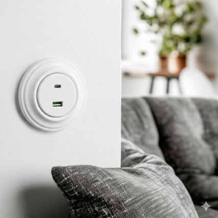 Kliklap - Retro USB vtičnica A+C z okvirjem v snežno beli barvi