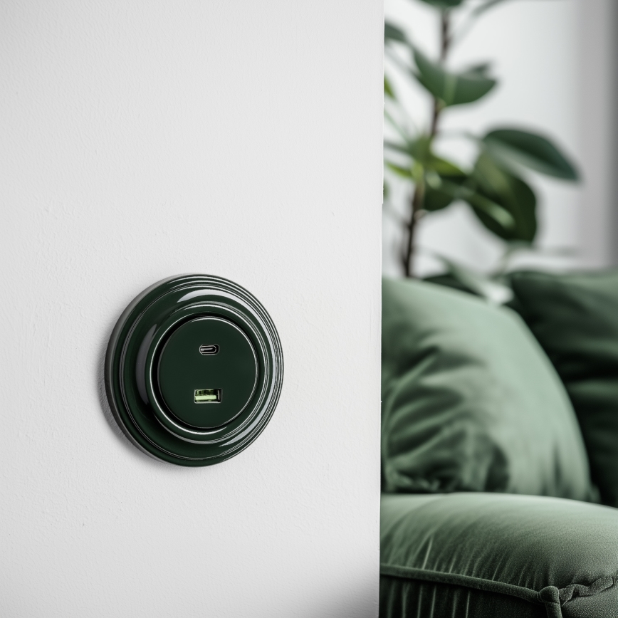 Kliklap - Retro USB vtičnica A+C z okvirjem zelena