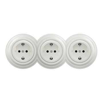 Kliklap - Trojna retro stenska vtičnica z okvirjem SCHUKO 230V, bela