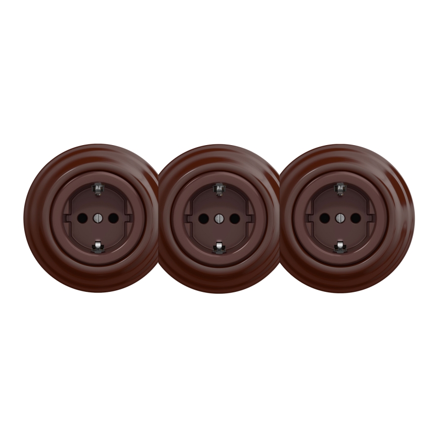 Kliklap - Trojna retro stenska vtičnica z okvirjem SCHUKO 230V rjava