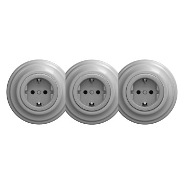 Kliklap - Trojna retro stenska vtičnica z okvirjem SCHUKO 230V siva