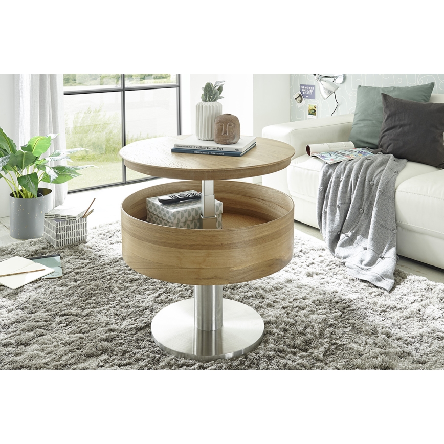 Klubska mizica ELEMENT z dvižno ploščo, fi 60 cm, hrast/srebrna