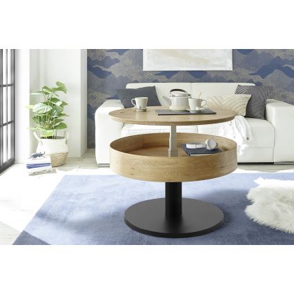 Klubska mizica ELEMENT z dvižno ploščo, premera 75 cm, hrast/črna