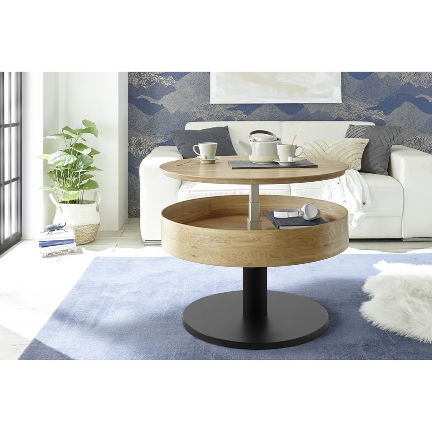 Klubska mizica ELEMENT z dvižno ploščo, premera 75 cm, hrast/črna