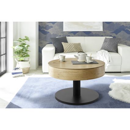 Klubska mizica ELEMENT z dvižno ploščo, premera 75 cm, hrast/črna