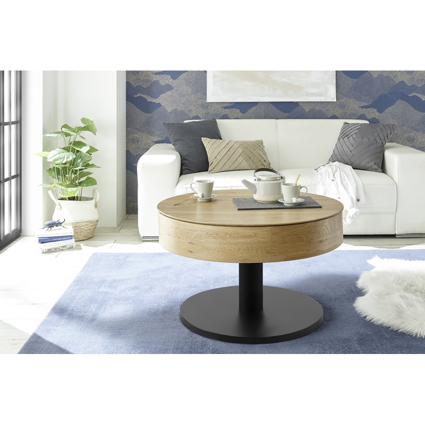 Klubska mizica ELEMENT z dvižno ploščo, premera 75 cm, hrast/črna