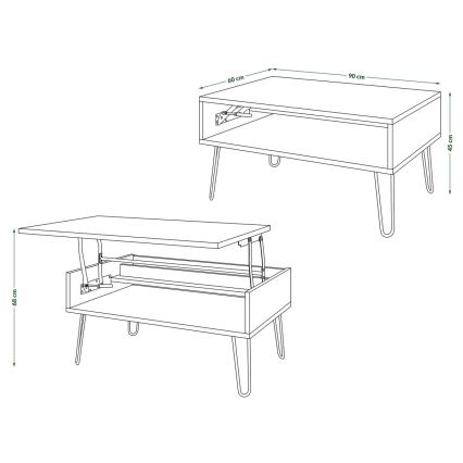 Klubska mizica s dvignljivo ploščo in polico HALIJA, betonsko siva/črna