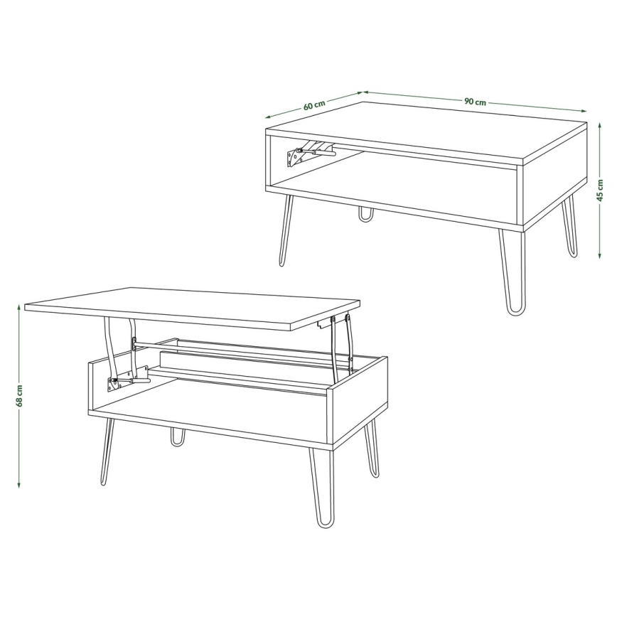 Klubska mizica s dvignljivo ploščo in polico HALIJA, betonsko siva/črna