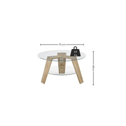 Klubska mizica TITAN, Ø 75 cm, prozorno steklo/hrast