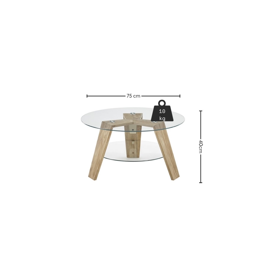 Klubska mizica TITAN, Ø 75 cm, prozorno steklo/hrast