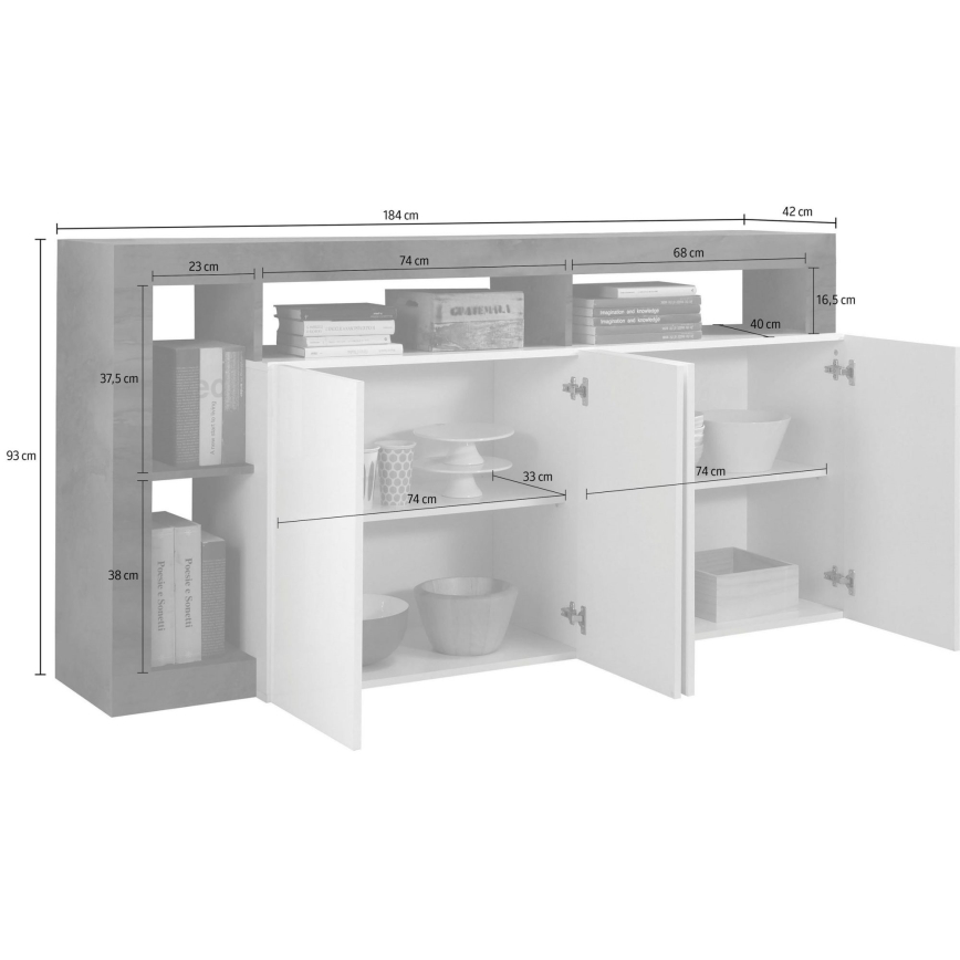 Komoda LENOR 184x93x42 cm bela/siva beton