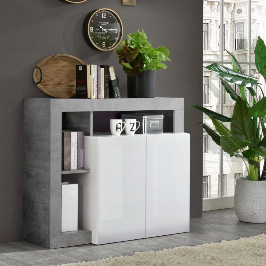 Komoda LENOR, bela/siva, betonski videz