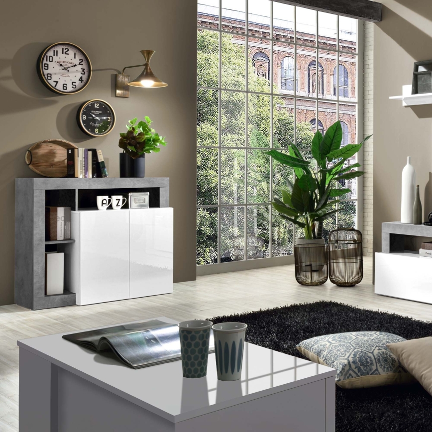 Komoda LENOR, bela/siva, betonski videz