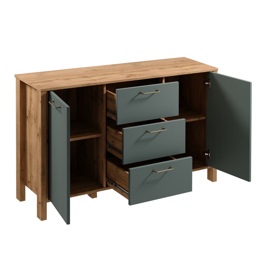 Komoda MENTA 138x81x40 cm hrast wotan/zelena