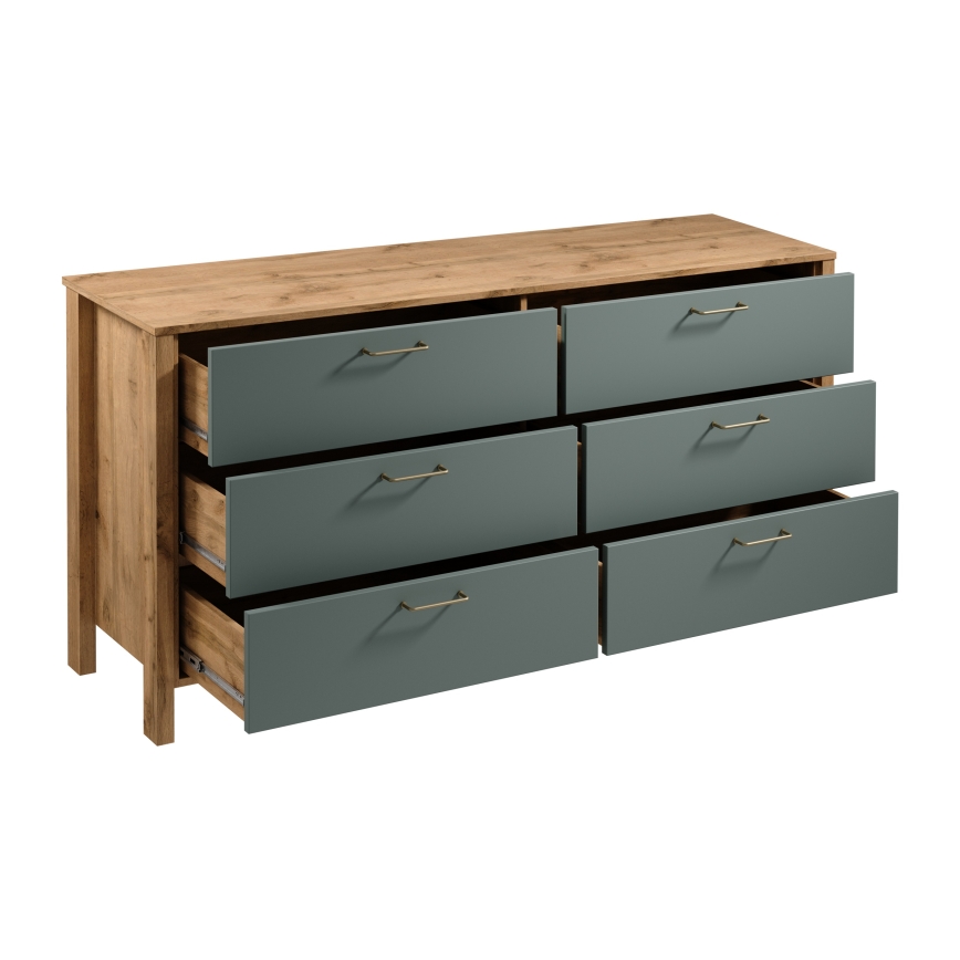 Komoda MENTA 170x81x47 cm, hrast Wotan/zelena