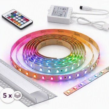 Komplet 1x LED RGBW zatemljiv trak DIGITAL LED/16,5 W/230 V, 5 m + 5x vgradni profil 1 m, srebrna/bela + daljinski upravljalnik
