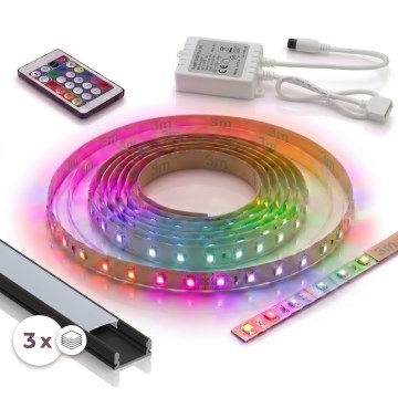 Komplet 1x LED RGBW zatemljiv trak DIGITAL LED/9,6W/230V 3 m + 3x vgradni profil 1 m črna/bela + daljinski upravljalnik